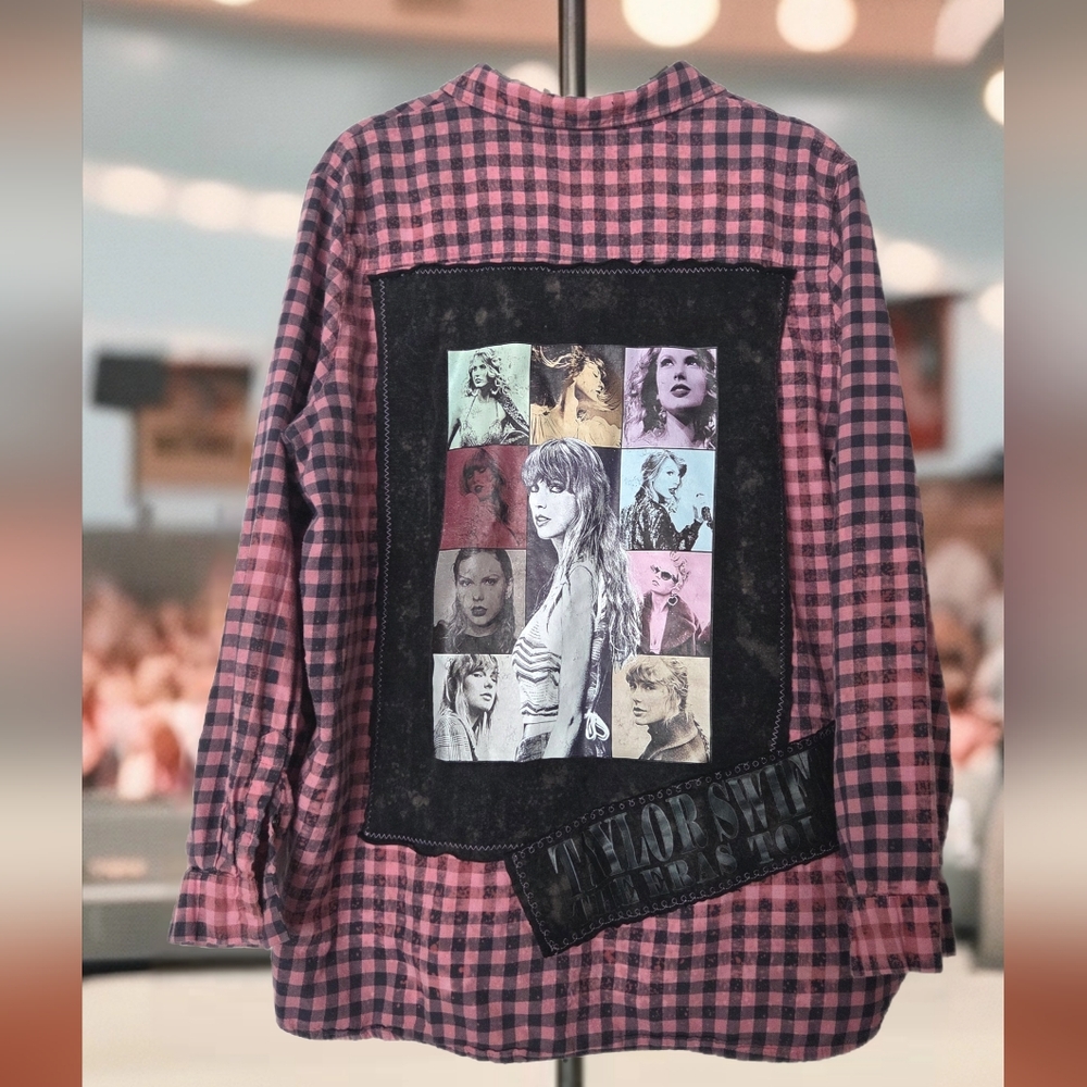 Upcycled Taylor Swift ERAS TOUR distressed plaid long sleeved shirt.